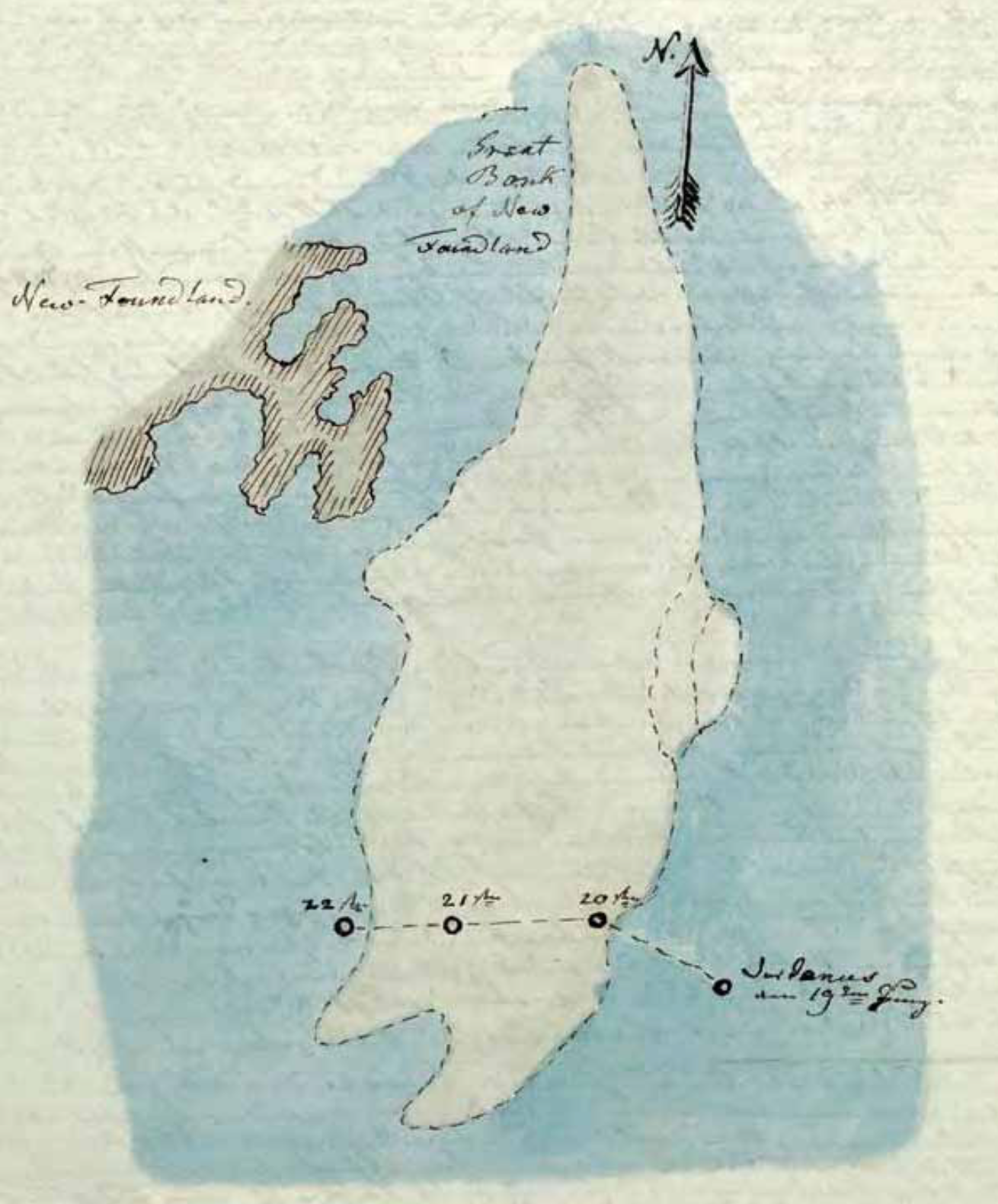 Figure 1.20. Maximilian’s copy of Haether’s map of the Grand Banks of Newfoundland, showing the course of the Janus, 19–22 June 1832.