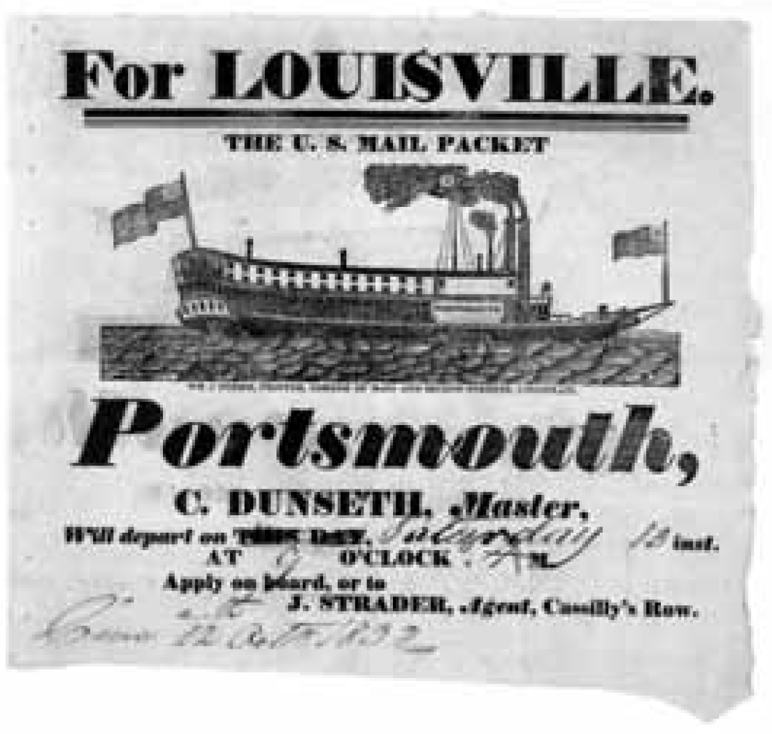 Figure 4.21. Broadside for the U.S. Mail packet Portsmouth, departing for Louisville on Saturday, October 13, 1832. This is a steamboat on which Maximillian and his companions traveled.