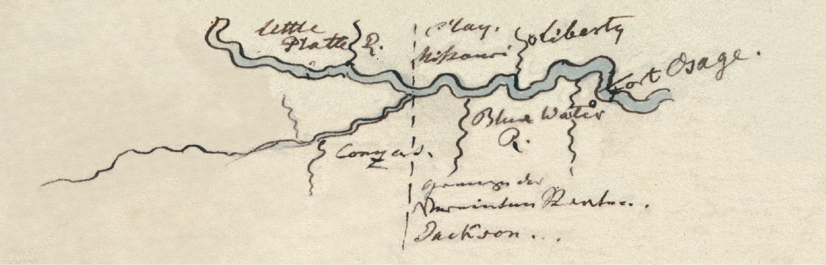 Figure 7.29. Map of the region around Liberty, Missouri. Included are Clay and Jackson counties, Fort Osage, and the Kansas (“Conza”), Blue (“Blue Water”), and Platte (“Little Platte”) rivers. Th e dotted line marks “the border of the United States.” Probably copied from Maximilian’s 1831 Missouri map or a Tanner map of the period.