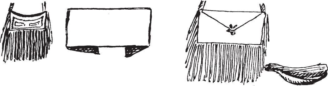 Figure 13.6. Blackfoot “parchment” (hide) storage containers and serving utensil. Woodcut illustrations of the two fringed bags and a more elaborate horn dipper were included in the Reise (1:568).