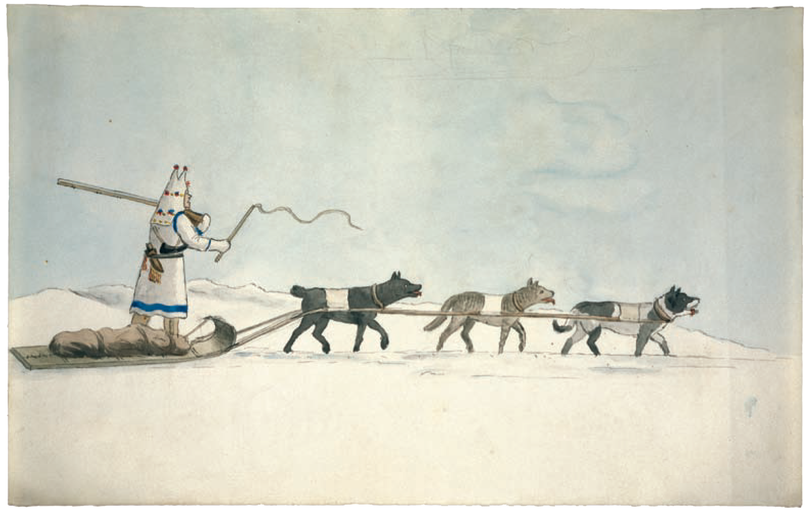 Figure 17.2. Engagé with dogsled on the frozen river. Separately drawn by Maximilian. Faint, unrelated pencil sketches at the bottom have been removed in this reproduction.