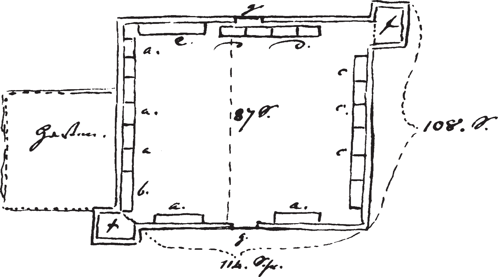 Figure 21.1. Plan of Fort Pierre: “‘a’ living quarters of the interpreters and the engagés; ‘b’ cattle barn; ‘c’ stores and warehouses; ‘d’ Mr. Laidlaw’s house with dining room and guest rooms; ‘e’ living quarters and office of the first clerk , Mr. Halsey; ‘f’ blockhouses; ‘g’ both gates of the fort.